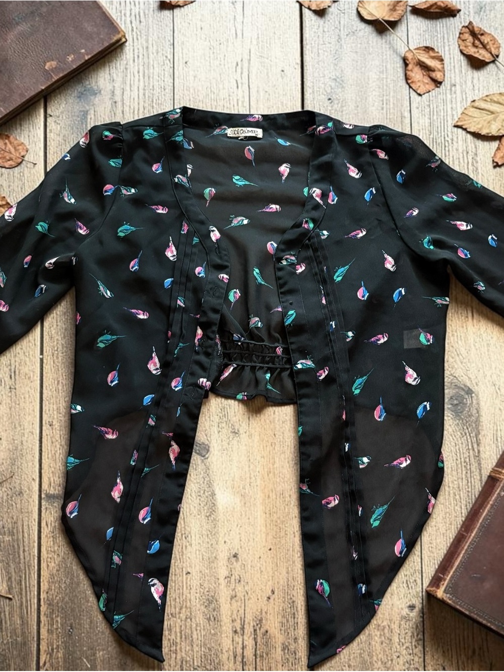 Black Sheer Bird Print Tie-Front Blouse